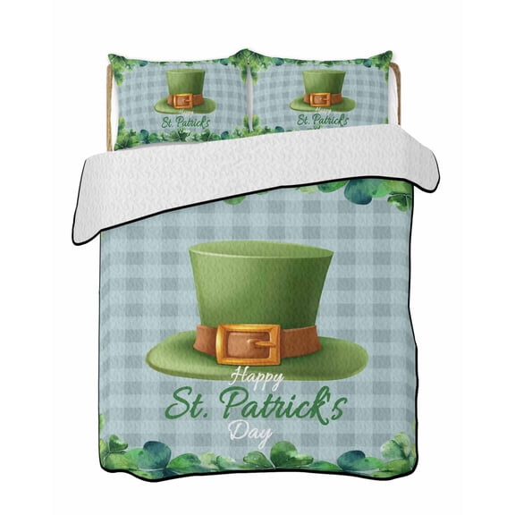 Twin Quilt Bedding Set, St. Patrick's Day Reversible Summer Quilt 3 Pieces, Spring Coin Green Clovers Blue Lattice Lightweight Bedspreads Coverlets with 2 Pillow Shams for All Seasons