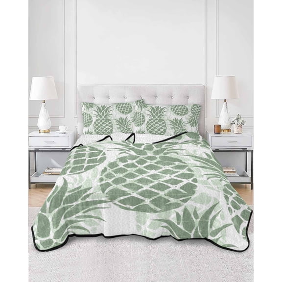 Twin Quilt Bedding Set Summer Abstract Sage Green Pineapple Summer Quilt Lightweight Quilted Coverlet with 2 Pillow Shams, Vintage Foliage 3-Piece Bedspread Quilt Set for All Season