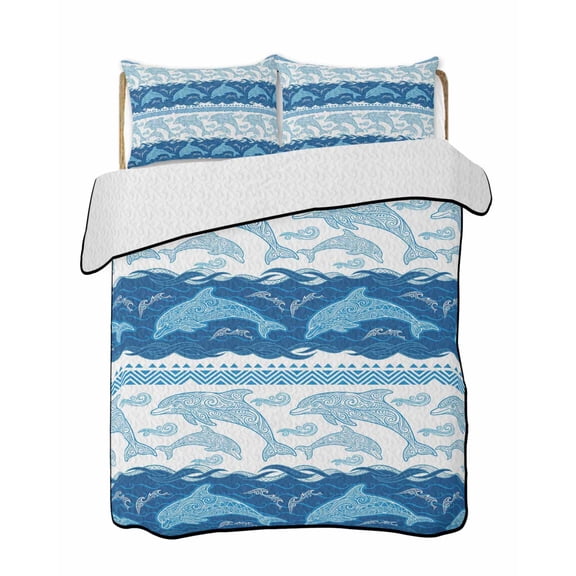 Twin Quilt Bedding Set, Summer Dolphin Reversible Summer Quilt 3 Pieces, Ocean Waves Coastal Blue Stripes Lightweight Bedspreads Coverlets with 2 Pillow Shams for All Seasons