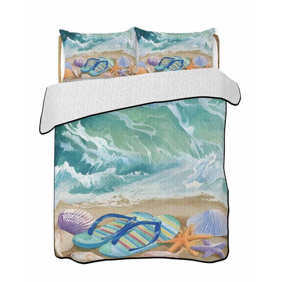 Twin Quilt Bedding Set, Summer Nautical Reversible Summer Quilt 3 Pieces, Ocean Beach Flip Flops Shells Waves Green Lightweight Bedspreads Coverlets with 2 Pillow Shams for All Seasons