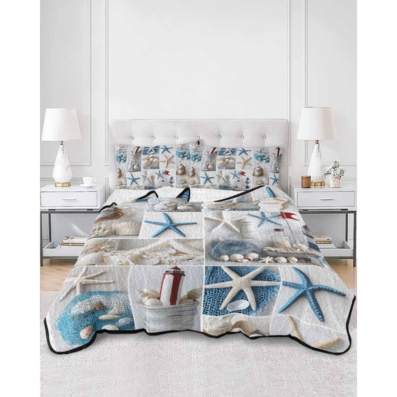 Twin Quilt Bedding Set Summer Ocean Starfish Shell Conch Lighthouse Summer Quilt Lightweight Quilted Coverlet with 2 Pillow Shams, Ocean Collage Art 3-Piece Bedspread Quilt Set for All Season