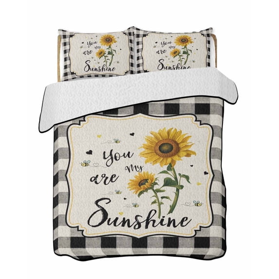 Twin Quilt Bedding Set, Sunflowers Reversible Summer Quilt 3 Pieces, Yellow Floral Botanical Black White Checkered Rustic Lightweight Bedspreads Coverlets with 2 Pillow Shams for All Seasons