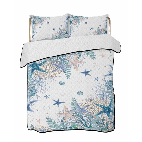 Twin Quilt Bedding Set, Teal Blue Coastal Reversible Summer Quilt 3 Pieces, Summer Beach Nautical Coral Starfish Lightweight Bedspreads Coverlets with 2 Pillow Shams for All Seasons