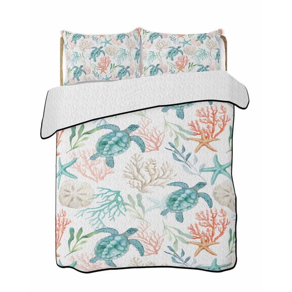 Twin Quilt Bedding Set, Teal Red Coastal Reversible Summer Quilt 3 Pieces, Beach Nautical Sea Turtle Coral Starfish Lightweight Bedspreads Coverlets with 2 Pillow Shams for All Seasons