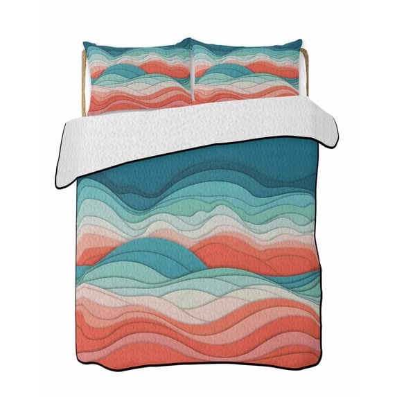 Twin Quilt Bedding Set, Teal Red Ocean Waves Reversible Summer Quilt 3 Pieces, Summer Beach Coastal Abstract Lightweight Bedspreads Coverlets with 2 Pillow Shams for All Seasons