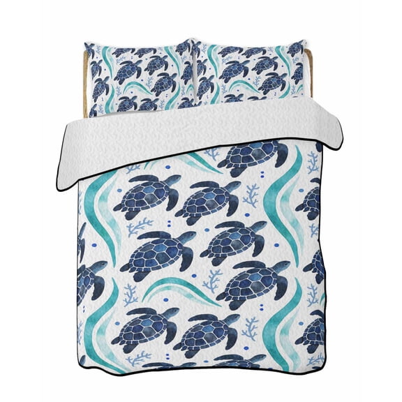 Twin Quilt Bedding Set, Teal Sea Turtle Coastal Reversible Summer Quilt 3 Pieces, Classic Ocean Waves Turquoise Lightweight Bedspreads Coverlets with 2 Pillow Shams for All Seasons