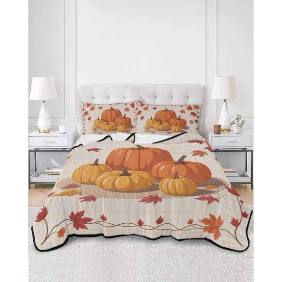 Twin Quilt Bedding Set Thanksgiving Pumpkin Fall Maple Leaf Orange Watercolor Summer Quilt Lightweight Quilted Coverlet with 2 Pillow Shams, Cartoon Style 3-Piece Bedspread Quilt Set for All Season