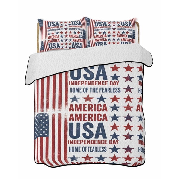 Twin Quilt Bedding Set, Thin Red Lines Reversible Summer Quilt 3 Pieces, American Flag Patriotic 250 Memorial Lightweight Bedspreads Coverlets with 2 Pillow Shams for All Seasons