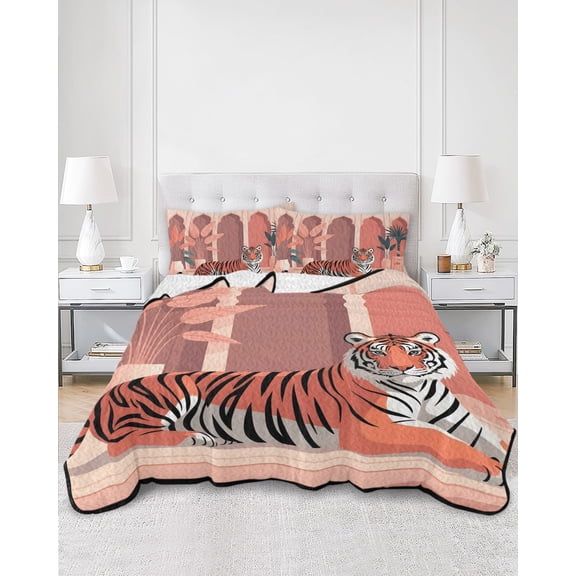 Twin Quilt Bedding Set Tropical Animals Bengal Tiger Summer Quilt Lightweight Quilted Coverlet with 2 Pillow Shams, Boho Arched Windows 3-Piece Bedspread Quilt Set for All Season