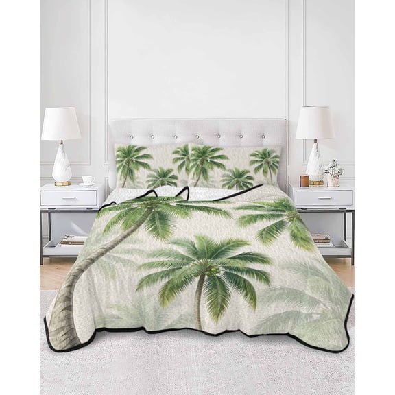 Twin Quilt Bedding Set Tropical Green Palm Tree Summer Quilt Lightweight Quilted Coverlet with 2 Pillow Shams, Summer Plant on Vintage Linen 3-Piece Bedspread Quilt Set for All Season