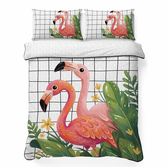 Twin Quilt Bedding Set, Tropical Pink Flaming Birds Soft Microfiber Summer Bedspread Coverlet with 2 Pillow Shams for All Season, Black Check Background Breathable Bedding Set for Hot Sleepers