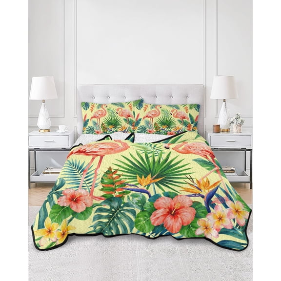 Twin Quilt Bedding Set Tropical Plant Flower Flamingo Summer Quilt Lightweight Quilted Coverlet with 2 Pillow Shams, Monstera Palm Leaves on Yellow 3-Piece Bedspread Quilt Set for All Season