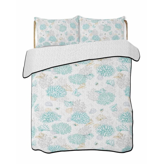 Twin Quilt Bedding Set, Turquoise Coastal Reversible Summer Quilt 3 Pieces, Summer Beach Ocean Coral Conch Shell Lightweight Bedspreads Coverlets with 2 Pillow Shams for All Seasons