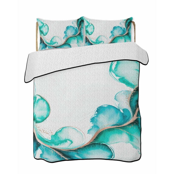 Twin Quilt Bedding Set, Turquoise Marble Stone Reversible Summer Quilt 3 Pieces, Ink Splash Country Marble Abstract Lightweight Bedspreads Coverlets with 2 Pillow Shams for All Seasons