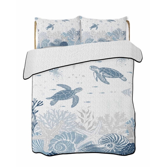 Twin Quilt Bedding Set, Turtle Coastal Reversible Summer Quilt 3 Pieces, Nautical Summer Beach Coral Shell Starfish Lightweight Bedspreads Coverlets with 2 Pillow Shams for All Seasons