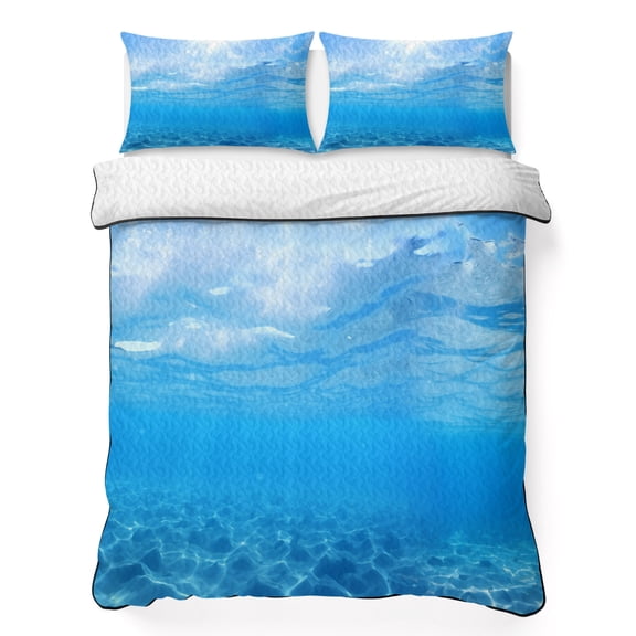 Twin Quilt Bedding Set, Underwater Blue Ocean Water Waves Sunshine Through Deep Sea View Soft Summer Bedspread Coverlet with 2 Pillow Shams, Seascape Breathable Bedding Set for Hot Sleepers
