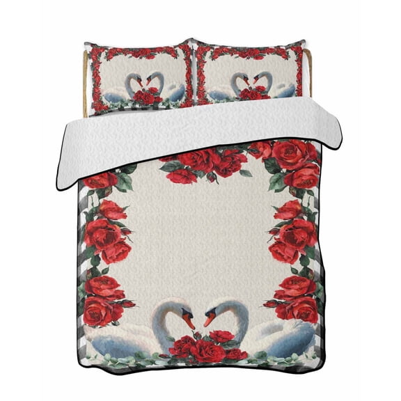 Twin Quilt Bedding Set, Valentine's Day Reversible Summer Quilt 3 Pieces, Sweet Swan Couple Roses Leaf Beige Black Plaid Lightweight Bedspreads Coverlets with 2 Pillow Shams for All Seasons