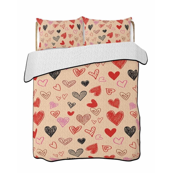 Twin Quilt Bedding Set, Valentines Love Heart Reversible Summer Quilt 3 Pieces, Romantic Red Black Lightweight Bedspreads Coverlets with 2 Pillow Shams for All Seasons