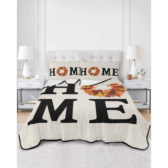 Twin Quilt Bedding Set Vintage Autumn Maple Leaves Summer Quilt Lightweight Quilted Coverlet with 2 Pillow Shams, Home Words on Linen 3-Piece Bedspread Quilt Set for All Season