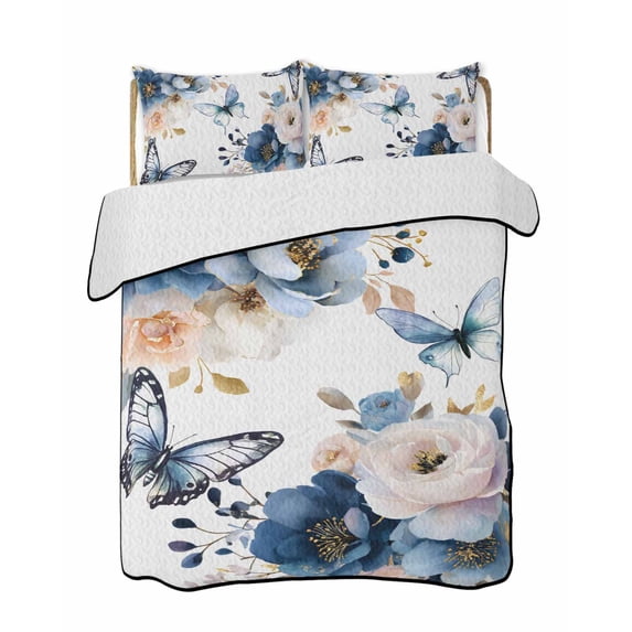 Twin Quilt Bedding Set, Vintage Blue Floral Reversible Summer Quilt 3 Pieces, Farmhouse Watercolor Flower Butterflies Lightweight Bedspreads Coverlets with 2 Pillow Shams for All Seasons