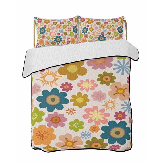 Twin Quilt Bedding Set, Vintage Boho Floral Reversible Summer Quilt 3 Pieces, Yellow Pink Floral Bohemia Beige Lightweight Bedspreads Coverlets with 2 Pillow Shams for All Seasons