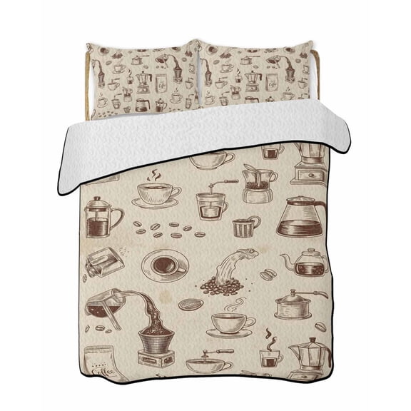 Twin Quilt Bedding Set, Vintage Cafe Reversible Summer Quilt 3 Pieces, Coffee Making Tools Beans Cups Moka Pot Tan Lightweight Bedspreads Coverlets with 2 Pillow Shams for All Seasons