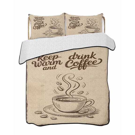 Twin Quilt Bedding Set, Vintage Coffee Reversible Summer Quilt 3 Pieces, Farmhouse Coffee Beans Drinking Lightweight Bedspreads Coverlets with 2 Pillow Shams for All Seasons