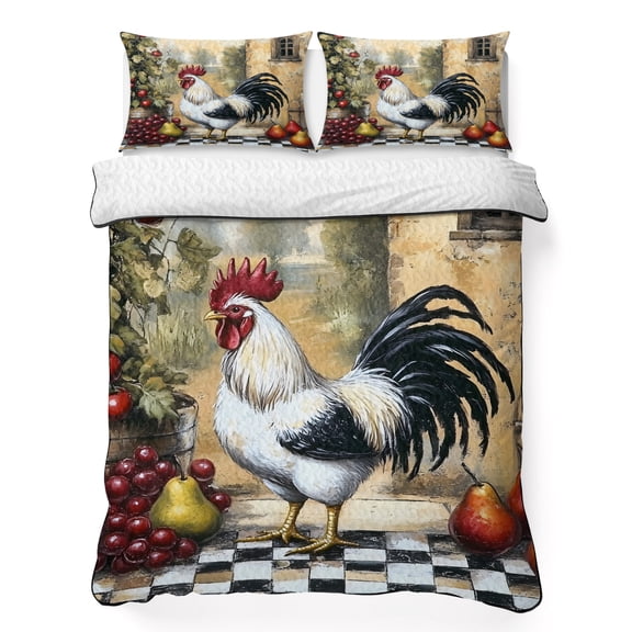 Twin Quilt Bedding Set Vintage Farm Rooster Breathable Summer Cooling Blanket for Hot Sleepers, Watercolor Fruit Pattern Lightweight Soft Bedding Set with 2 Pillow Shams for All Season