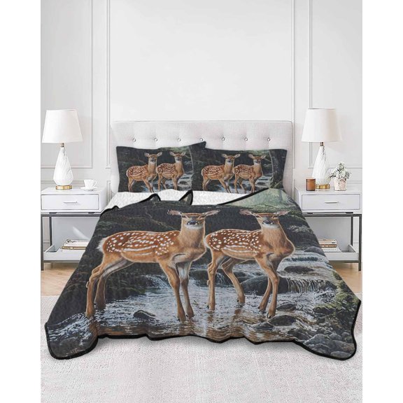 Twin Quilt Bedding Set Vintage Forest Deer Summer Quilt Lightweight Quilted Coverlet with 2 Pillow Shams, Summer River And Reindeer 3-Piece Bedspread Quilt Set for All Season