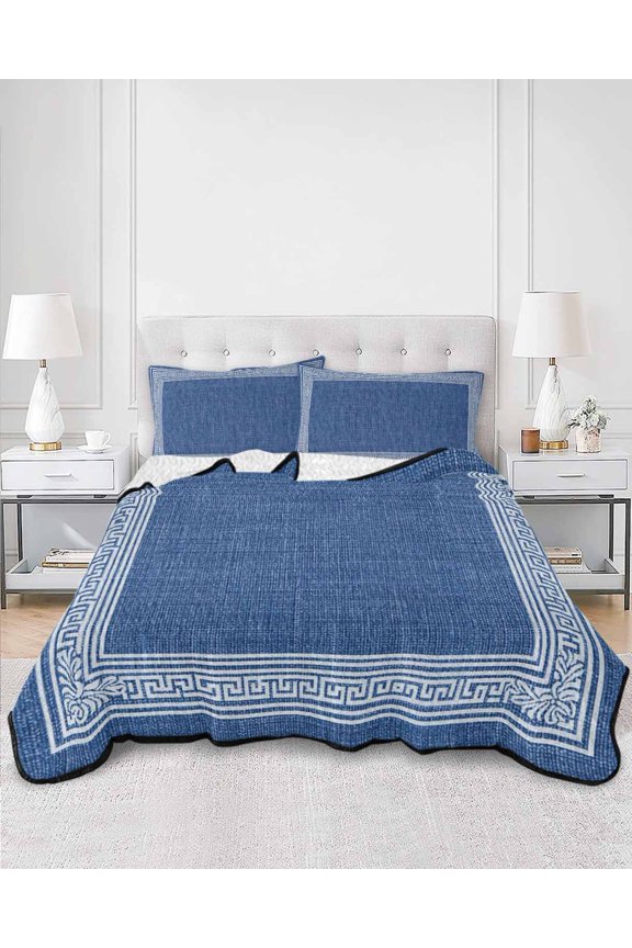 Twin Quilt Bedding Set Vintage Key Design Navy Blue Summer Quilt Lightweight Quilted Coverlet with 2 Pillow Shams, Greece Inspired Stripe 3-Piece Bedspread Quilt Set for All Season