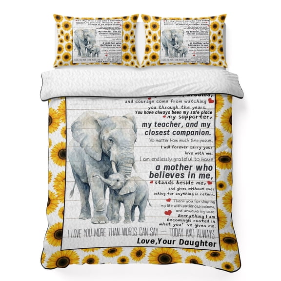 Twin Quilt Bedding Set, Warm Elephant Family Soft Microfiber Summer Bedspread Coverlet with 2 Pillow Shams for All Season, Watercolor Farm Sunflowers Breathable Bedding Set for Hot Sleepers