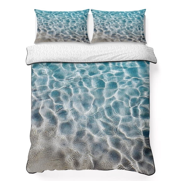 Twin Quilt Bedding Set, Water Ripple Seaside Beach Soft Microfiber Summer Bedspread Coverlet with 2 Pillow Shams for All Season, Summer Ocean Theme Breathable Bedding Set for Hot Sleepers