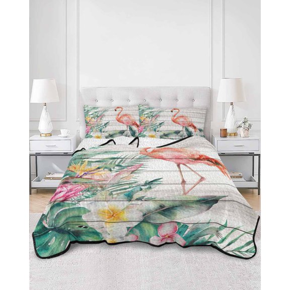 Twin Quilt Bedding Set Watercolor Flamingo Bird Flower Summer Quilt Lightweight Quilted Coverlet with 2 Pillow Shams, Tropical Leaves Wood Plank 3-Piece Bedspread Quilt Set for All Season