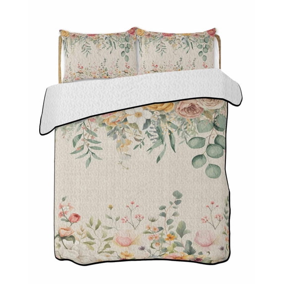 Twin Quilt Bedding Set, Watercolor Floral Reversible Summer Quilt 3 Pieces, Spring Roses Eucalyptus Leaf Plants Beige Lightweight Bedspreads Coverlets with 2 Pillow Shams for All Seasons