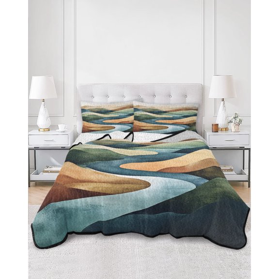 Twin Quilt Bedding Set Watercolor Mountain River Landscape Summer Quilt Lightweight Quilted Coverlet with 2 Pillow Shams, Abstract Colorful Stripe 3-Piece Bedspread Quilt Set for All Season