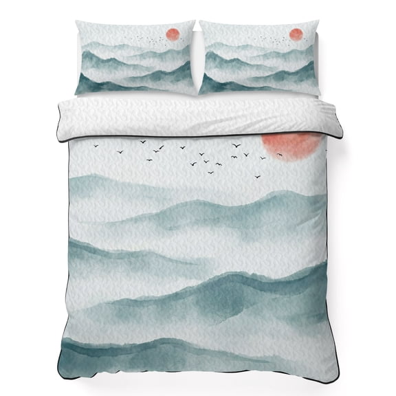 Twin Quilt Bedding Set Watercolor Mountains Landscape Breathable Summer Cooling Blanket for Hot Sleepers, Asian Zen Painting Lightweight Soft Bedding Set with 2 Pillow Shams for All Season