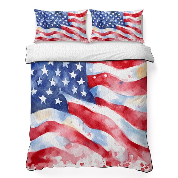 Twin Quilt Bedding Set, Watercolor Retro USA National Flag Soft Microfiber Summer Bedspread Coverlet with 2 Pillow Shams, Patriotic Star and Stripe Breathable Bedding Set for Hot Sleepers