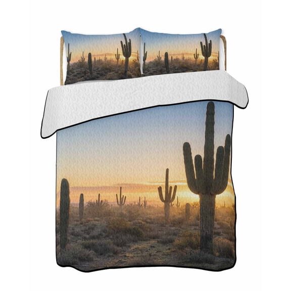 Twin Quilt Bedding Set, Western Cactus Sunrise Reversible Summer Quilt 3 Pieces, Modern Abstract Art Retro Lightweight Bedspreads Coverlets with 2 Pillow Shams for All Seasons