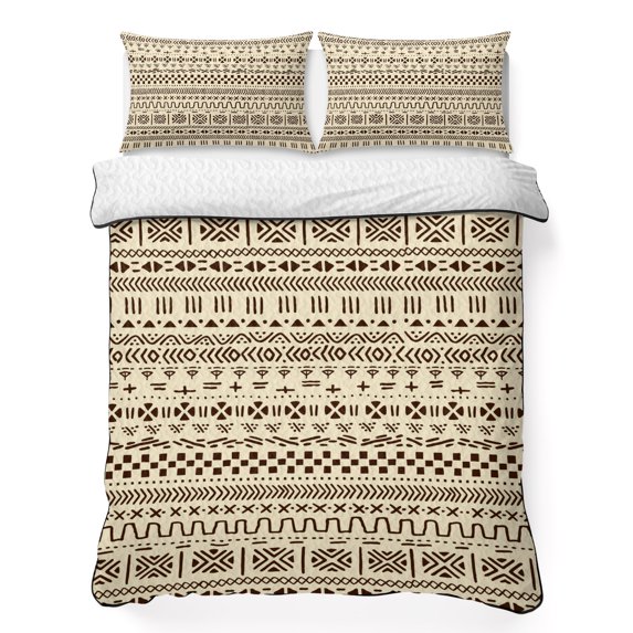 Twin Quilt Set 68''x86'', Abstract Boho Lightweight Summer Bedspread Coverlet Set with 2 Pillow Shams, Modern African Ethnic Geometric Beige Breathable All Season Quilt Bedding for Dorm/Bedroom