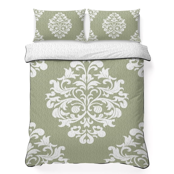 Twin Quilt Set 68''x86'', Baroque Sage Green Lightweight Summer Bedspread Coverlet Set with 2 Pillow Shams, Vintage Damask Classic Floral Breathable All Season Quilt Bedding for Dorm/Bedroom