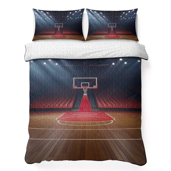 Twin Quilt Set 68''x86'', Basketball Court Lightweight Summer Bedspread Coverlet Set with 2 Pillow Shams, Indoor Sports Field Scene Modern Breathable All Season Quilt Bedding for Dorm/Bedroom