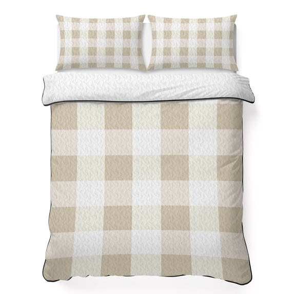 Twin Quilt Set 68''x86'', Beige Plaid Lightweight Summer Bedspread Coverlet Set with 2 Pillow Shams, Spring Summer Farmhouse Buffalo Checkered Breathable All Season Quilt Bedding for Dorm/Bedroom