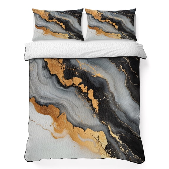 Twin Quilt Set 68''x86'', Black Golden Lightweight Summer Bedspread Coverlet Set with 2 Pillow Shams, Marble Modern Ink Painted Breathable All Season Quilt Bedding for Dorm/Bedroom