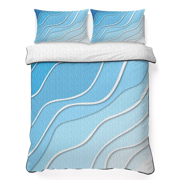Twin Quilt Set 68''x86'', Blue Aqua Ombre Lightweight Summer Bedspread Coverlet Set with 2 Pillow Shams, Modern Geometric Abstract Aesthetic Cream Breathable All Season Quilt Bedding for Dorm/Bedroom