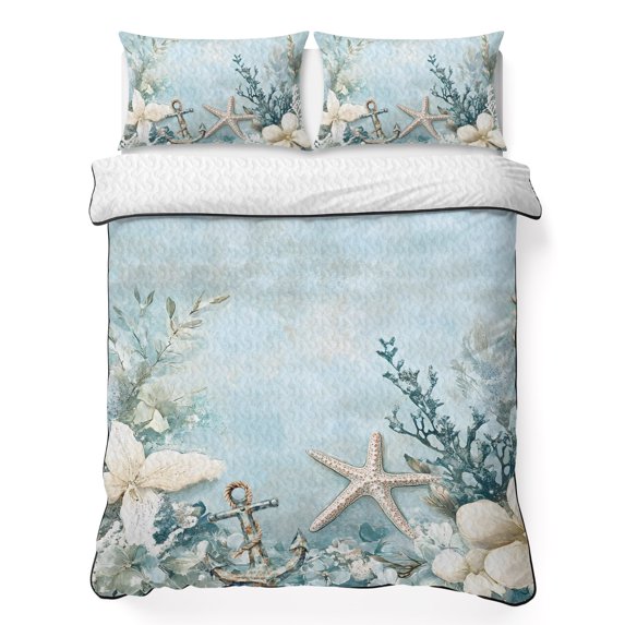 Twin Quilt Set 68''x86'', Blue Coastal Lightweight Summer Bedspread Coverlet Set with 2 Pillow Shams, Beach Nautical Anchor Starfish Botanical Breathable All Season Quilt Bedding for Dorm/Bedroom