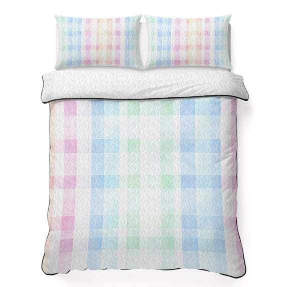 Twin Quilt Set 68''x86'', Blue Pink Plaid Lightweight Summer Bedspread Coverlet Set with 2 Pillow Shams, Pastel Green White Buffalo Patchwork Breathable All Season Quilt Bedding for Dorm/Bedroom
