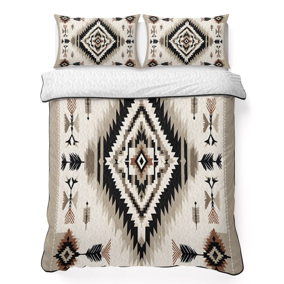 Twin Quilt Set 68''x86'', Boho Black Brown Lightweight Summer Bedspread Coverlet Set with 2 Pillow Shams, Geometric Southwestern Ethnic Vintage Breathable All Season Quilt Bedding for Dorm/Bedroom
