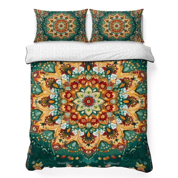 Twin Quilt Set 68''x86'', Boho Flower Lightweight Summer Bedspread Coverlet Set with 2 Pillow Shams, Yellow Green Bohemian Colorful Medallion Breathable All Season Quilt Bedding for Dorm/Bedroom