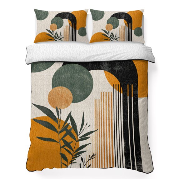 Twin Quilt Set 68''x86'', Boho Middle Century Lightweight Summer Bedspread Coverlet Set with 2 Pillow Shams, Abstract Orange Geometric Leaves Breathable All Season Quilt Bedding for Dorm/Bedroom
