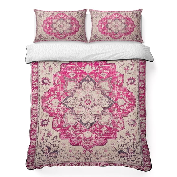 Twin Quilt Set 68''x86'', Boho Pink Lightweight Bedspread Coverlet Set with 2 Pillow Shams, Middle Century Boho Geometric Abstract Southwestern Breathable All Season Quilt Bedding for Dorm/Bedroom
